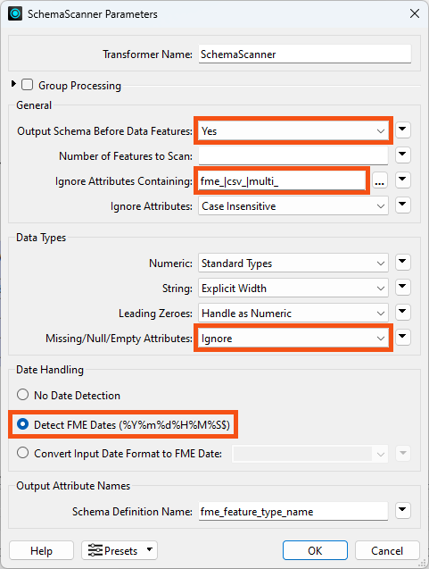 SchemaScanner parameters